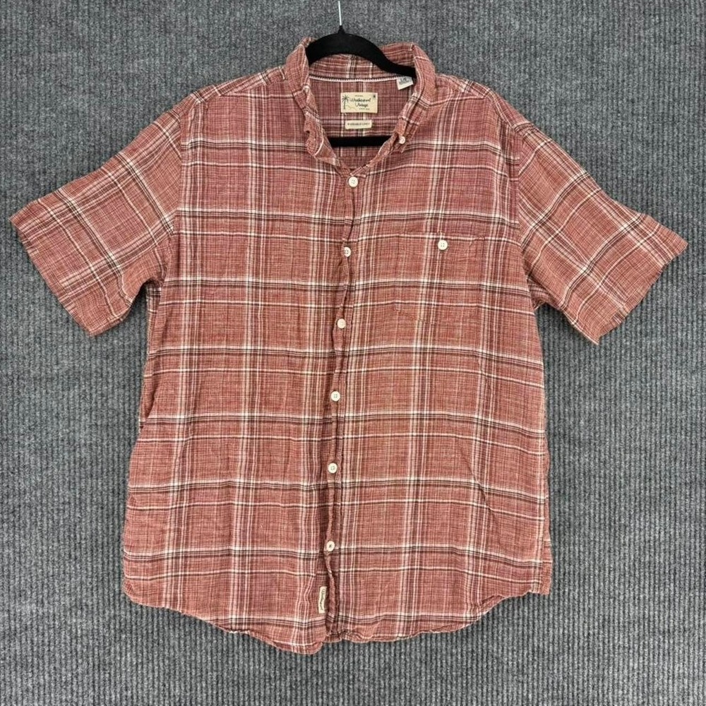 Weatherproof Vintage washable linen plaid button down shirt red men's Large